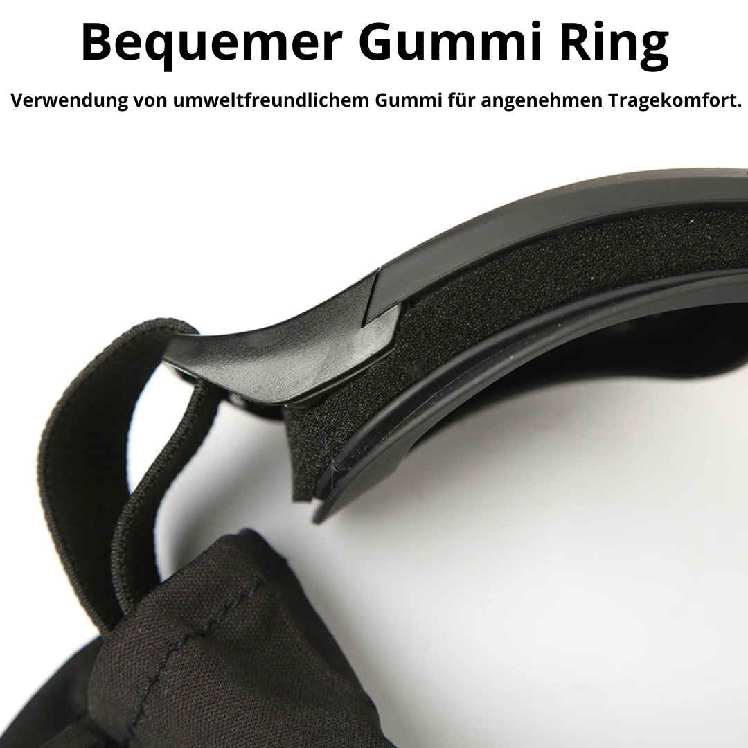 Deinster Vollsichtschutzbrille, Detailansicht des Gummirings an der Bandhalterung