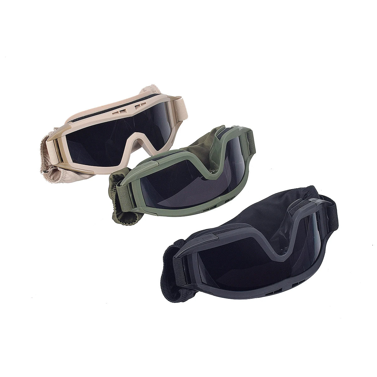 Deinster Vollsichtschutzbrille, drei Farben Sandbraun, Olivgrün und Schwarz nebeneinander