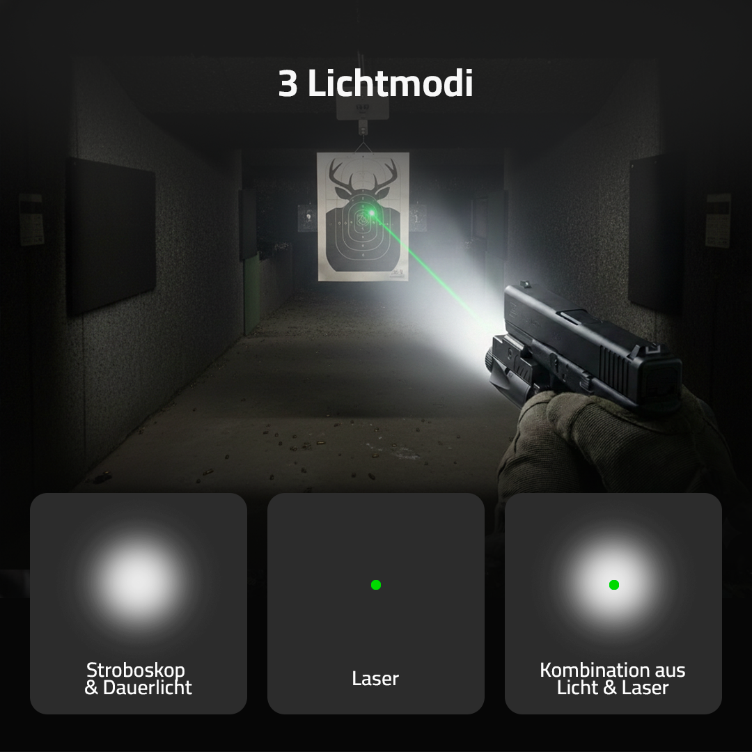 Stahlblick Taktik-Leuchte, Infografik zu 3 Lichtmodi: Stroboskop, Laser, Kombination, Schuetze zielt im Gang