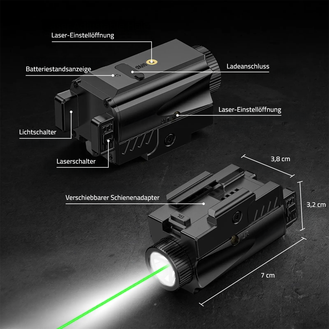 Stahlblick Taktik-Leuchte, Bauteile beschriftet und im Einsatz mit weissem Licht und gruenem Laser