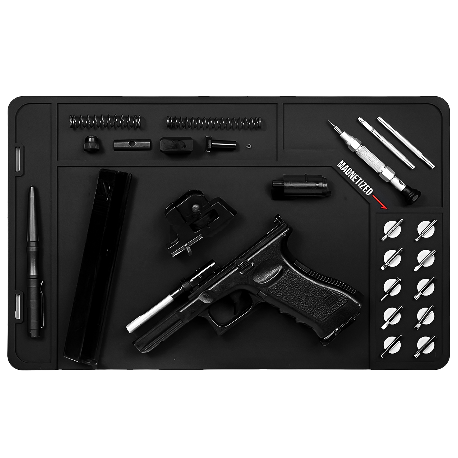 MagnetMat 360, Draufsicht mit zerlegter Pistole, Magazin, Reinigungsstab und Magnethaltern