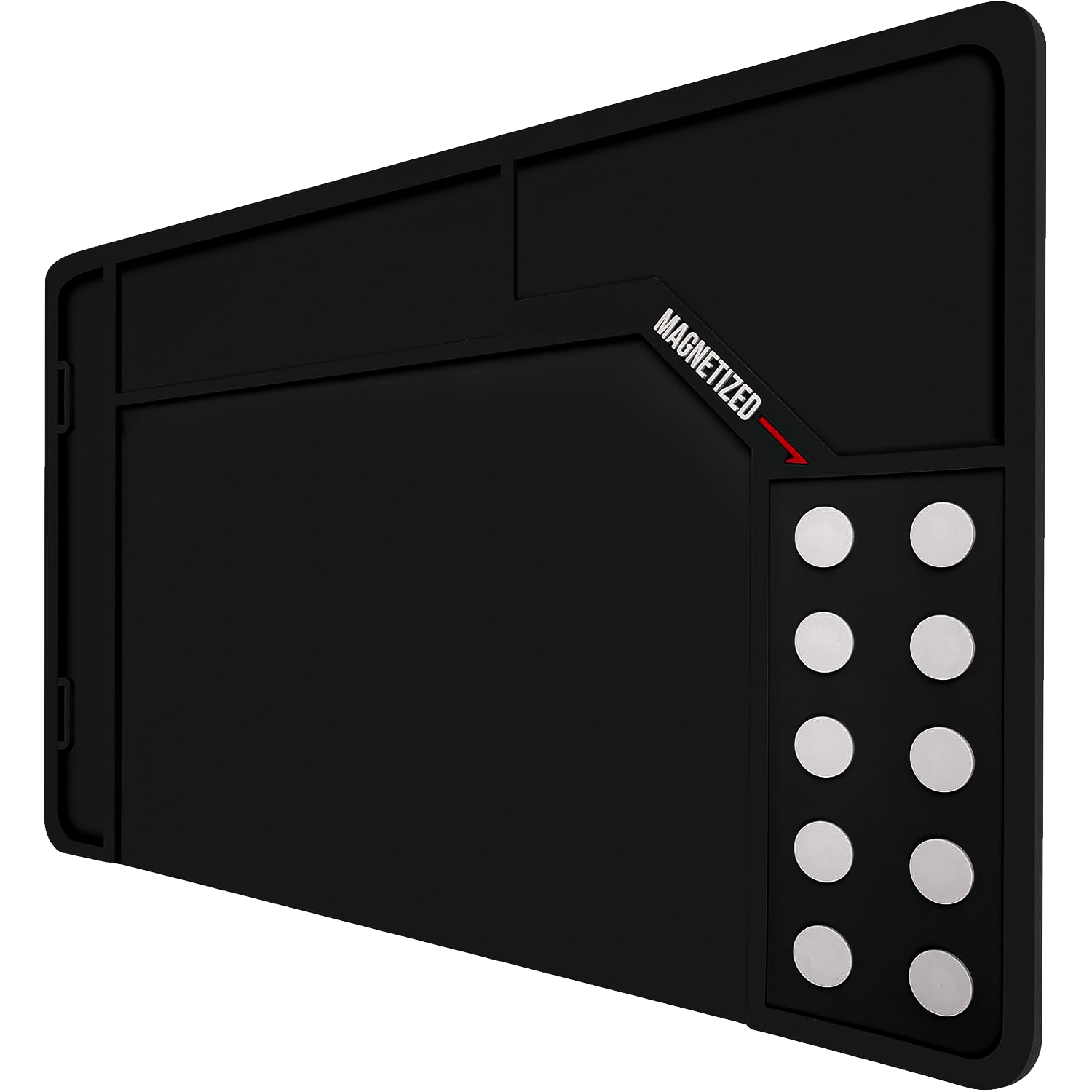 MagnetMat 360, leere Matte in Perspektivansicht mit Fach und runden Magneten am rechten Rand