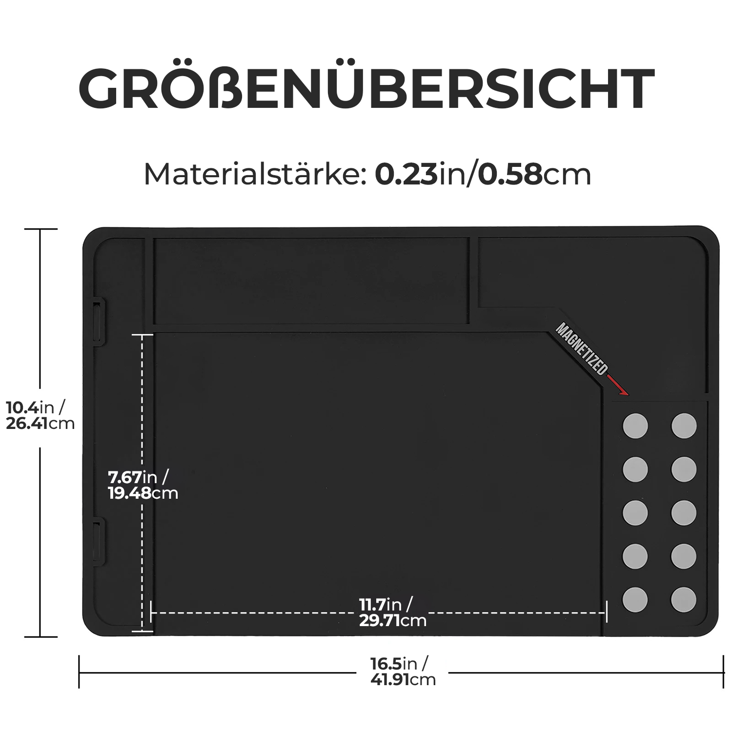 MagnetMat 360, Groessenuebersicht mit Materialstaerke 0.58 cm und Massen in Zoll und Zentimeter