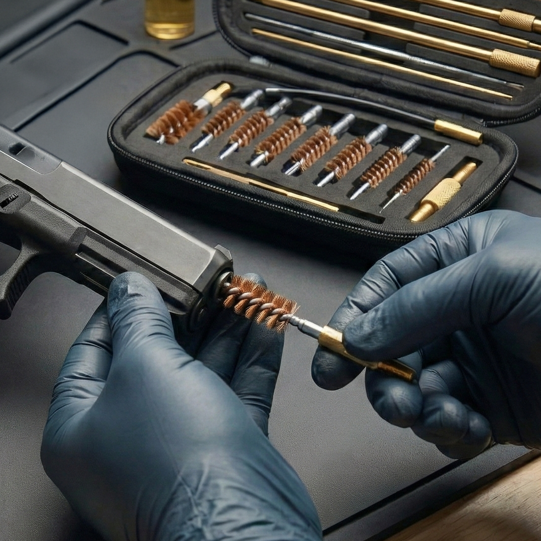 BoreGuard Reinigungsset, behandschuhte Hand reinigt Pistolenlauf mit Bronzebürste, Nahaufnahme