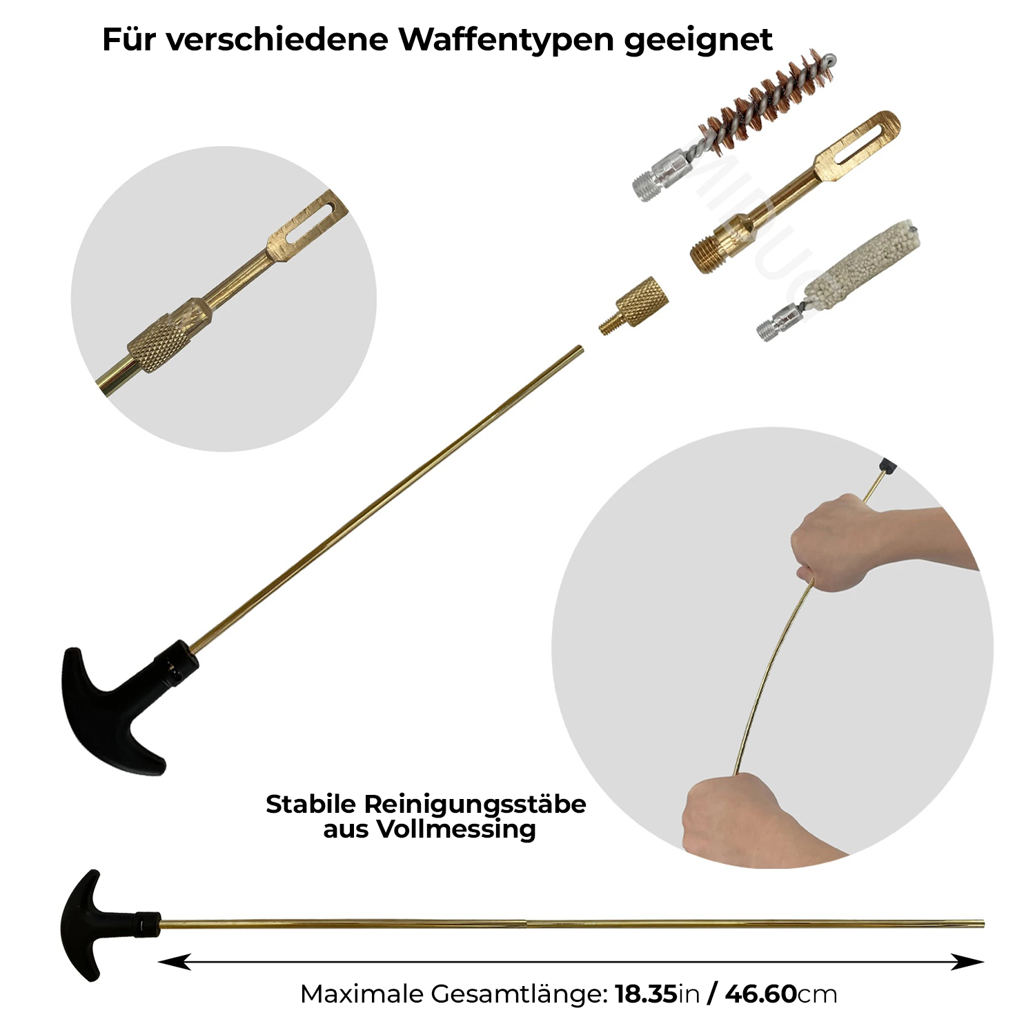 ReinWaffe 360 Waffenreinigungsset, Grafik zu Messing-Reinigungsstäben mit Aufsätzen und Hand am gebogenen Stab