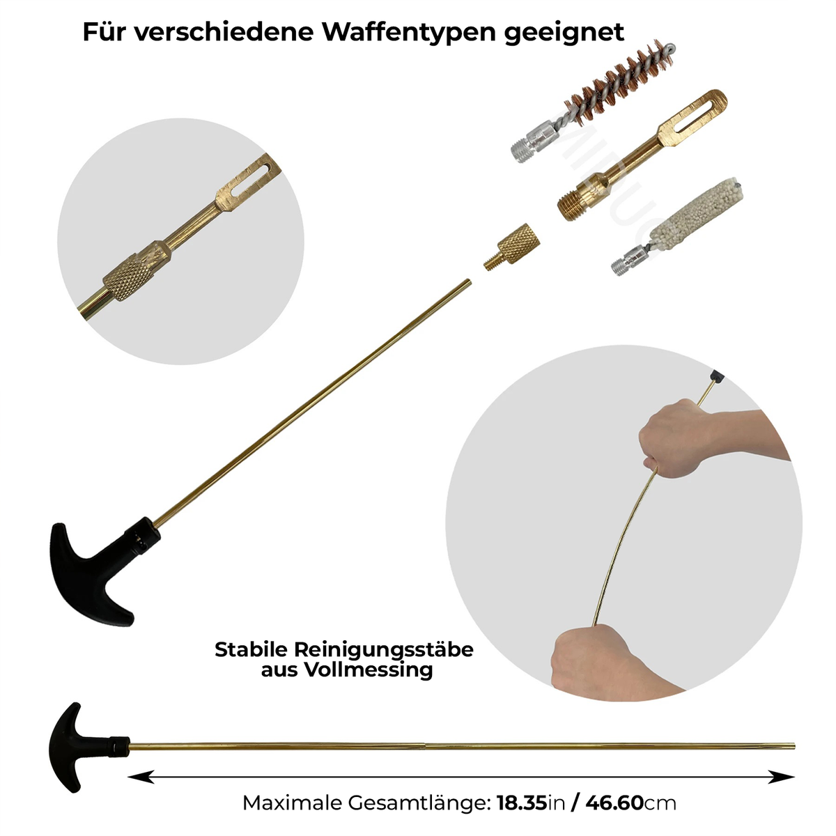 ReinWaffe 360 Waffenreinigungsset, Grafik zu Messing-Reinigungsstäben mit Aufsätzen und Hand am gebogenen Stab