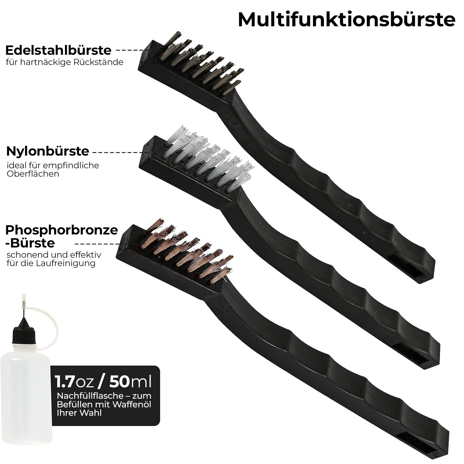 ReinWaffe 360 Waffenreinigungsset, Grafik zu Edelstahl-, Nylon- und Phosphorbronzebürste mit Nachfüllflasche