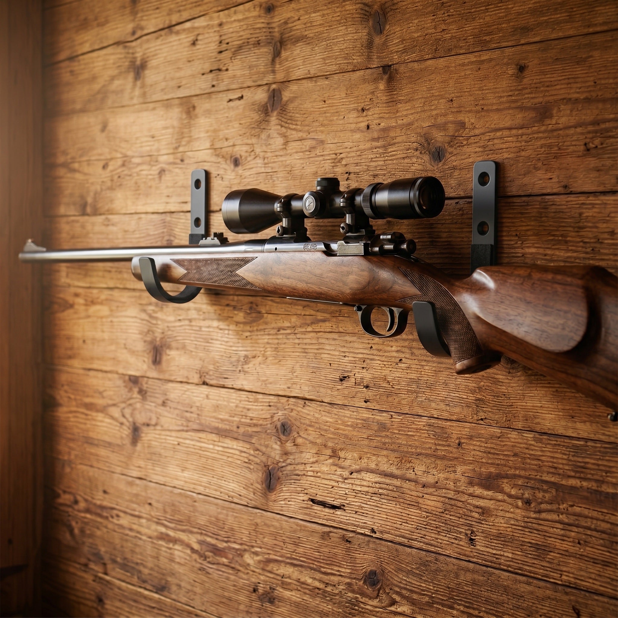 Wandfest Wand-Gewehrhalter mit Jagdgewehr an Holzwand