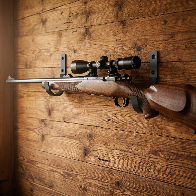 Wandfest Wand-Gewehrhalter mit Jagdgewehr an Holzwand