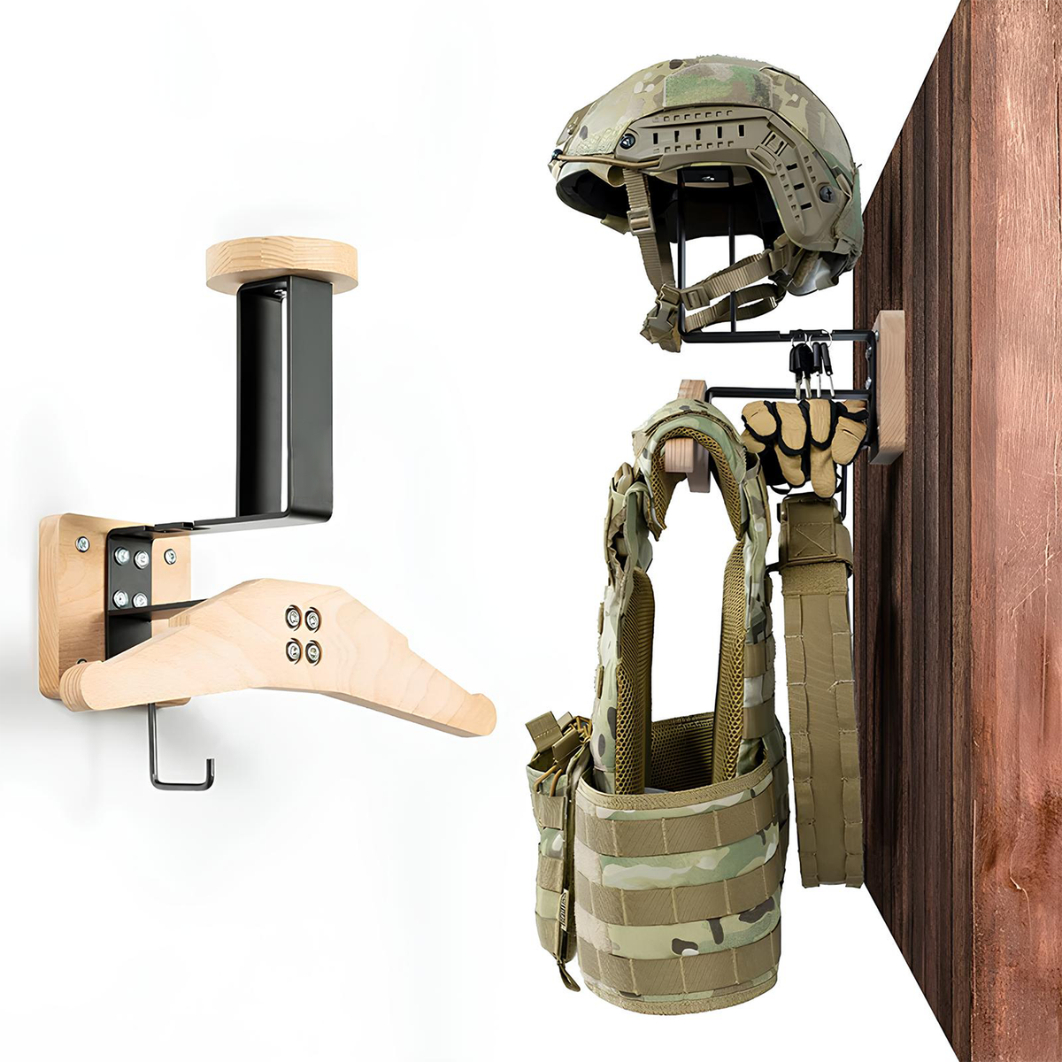 StahlHalt Wandhalterung aus hellem Holz freigestellt, daneben montiert an Holzwand mit Helm und Taktikweste