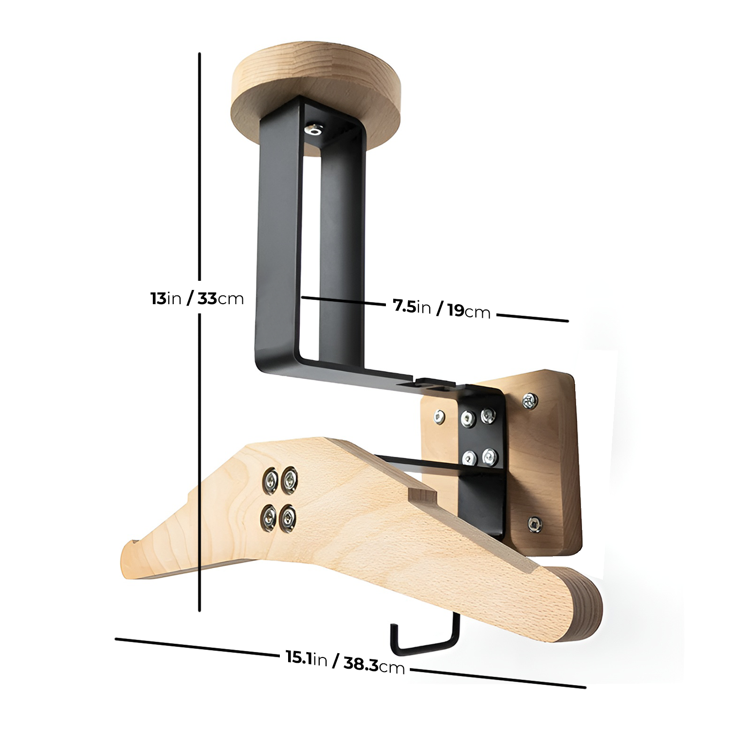 StahlHalt Wandhalterung aus hellem Holz, Maßgrafik mit 33 cm Höhe, 19 cm Tiefe und 38,3 cm Breite