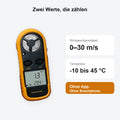 Messbereich 0 bis 30 m/s und Temperatur von -10 bis 45 Grad Celsius