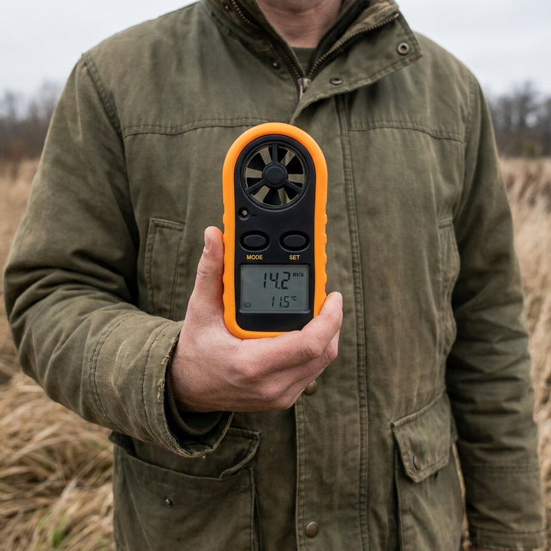 LP-V2:: Jaeger haelt den Windmesser im Feld und liest den Windwert ab